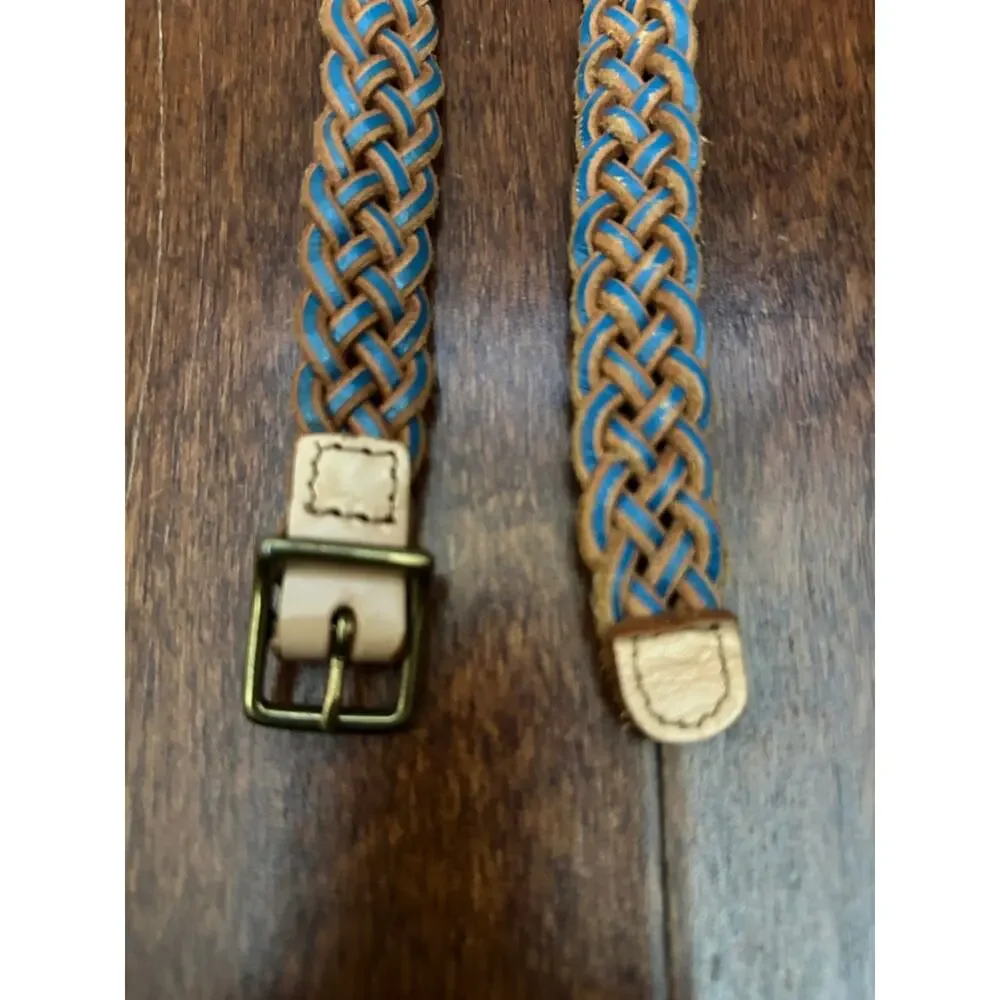 Skinny Braided Brown Leather Belt with Blue Trim, Size M/L